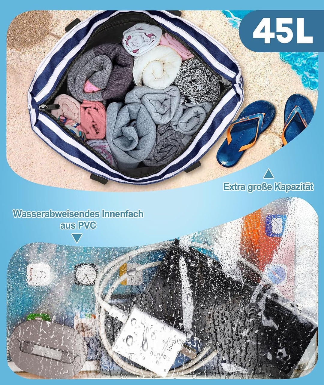 ISEYOU Strandtasche XXL Familie, Gross Strandtasche mit Reissverschluss Wasserdicht Sanddicht, Handt
