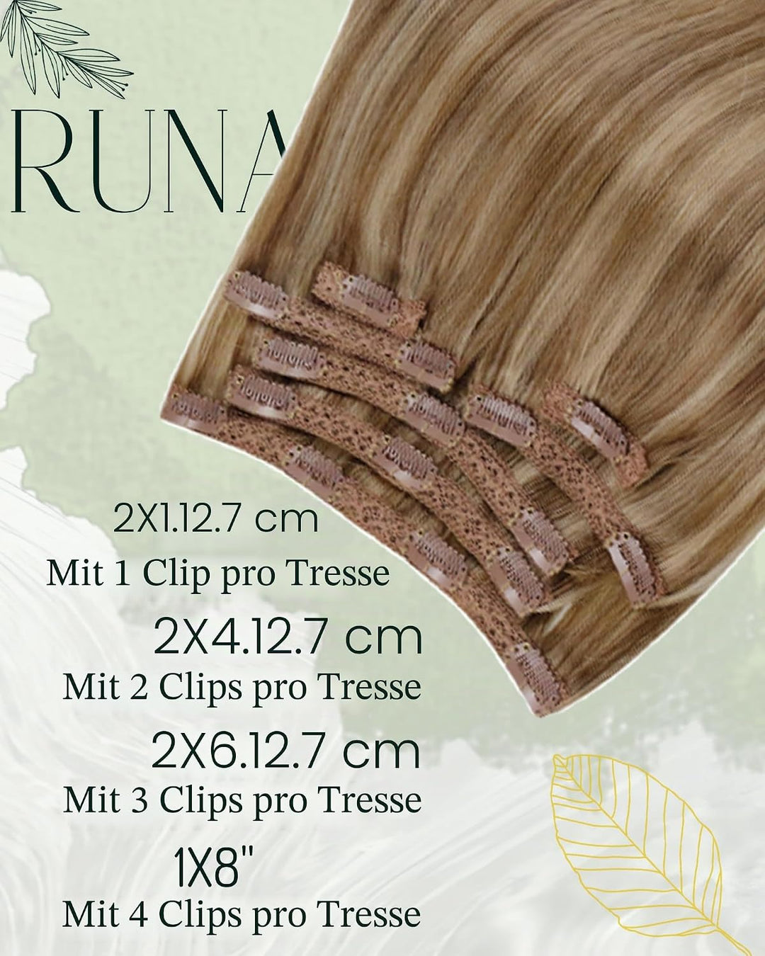 RUNATURE Clip Extensions Echthaar Braun Hervorheben Blond 50cm Clip in Extensions Echthaar Dunkelblo