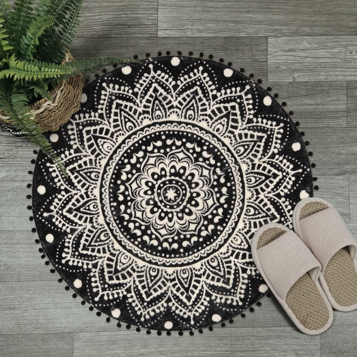 Uphome Kleiner runder Teppich, 5,8 cm, schwarz, Mandala, Boho, Badezimmerteppiche mit Pompons, Frans