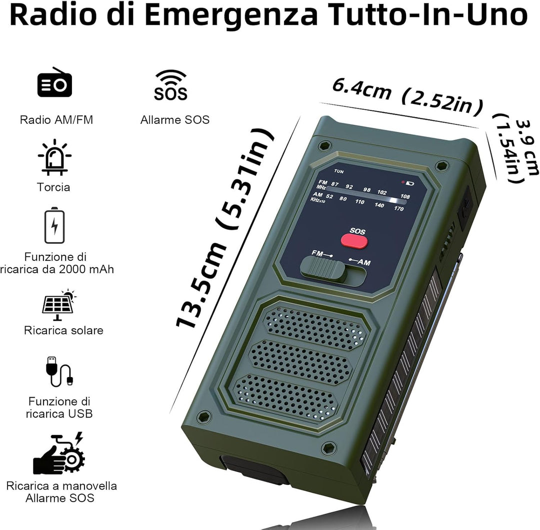 Notfall-Solarradio, Tragbare Kurbelradio mit SOS-Alarm, LED-Taschenlampe, AM/FM Notfallradio mit 200