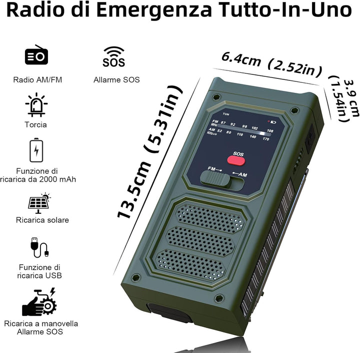 Notfall-Solarradio, Tragbare Kurbelradio mit SOS-Alarm, LED-Taschenlampe, AM/FM Notfallradio mit 200