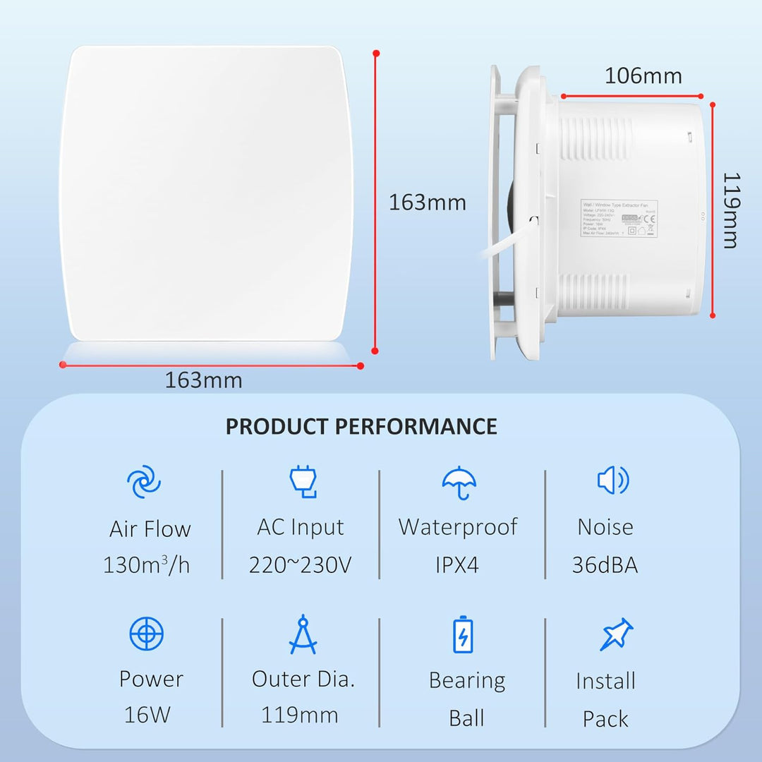120mm Abluftventilator Küche, 130m³/H IPX2 Leiser Badlüfter Fensterlüfter mit Scheckventil 1m EU-Net