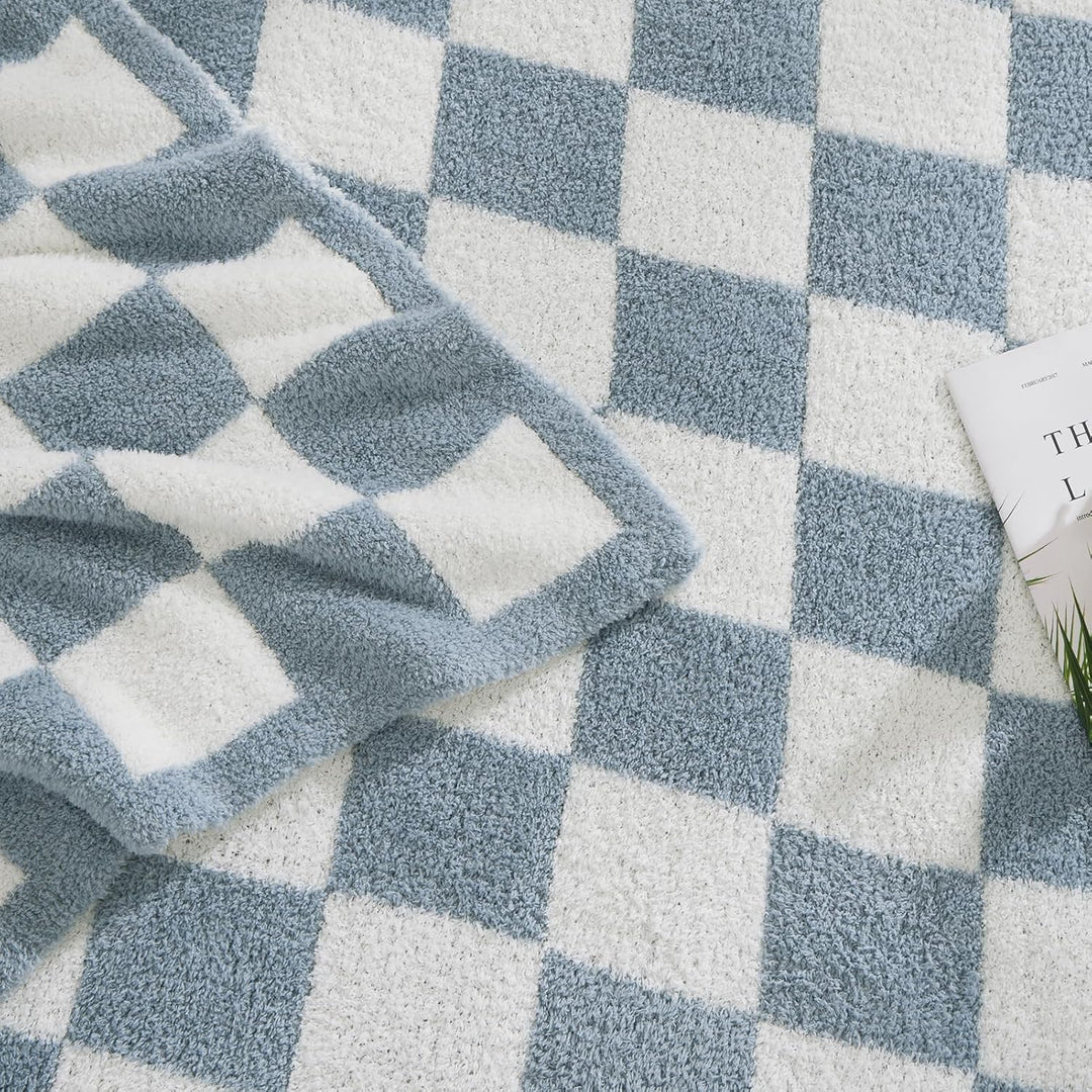 WRENSONGE Karierte Überwurfdecke, grau-Blaue Mikrofaser, weich, gemütlich, flauschig, warm, handgefe