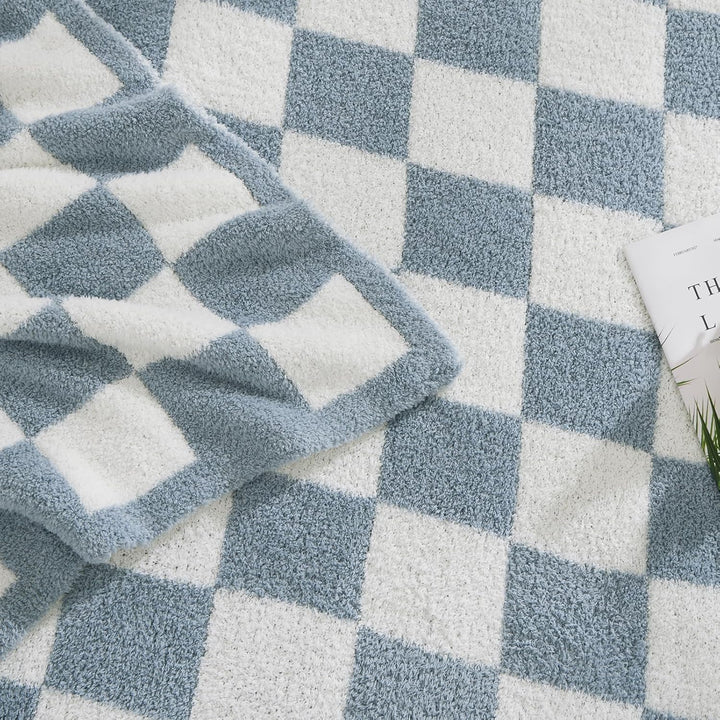 WRENSONGE Karierte Überwurfdecke, grau-Blaue Mikrofaser, weich, gemütlich, flauschig, warm, handgefe