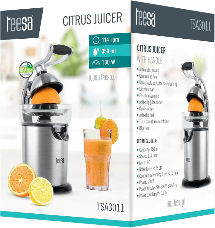 Teesa TSA3011 Elektrische Zitruspresse, Saftpresse mit Griff 130 W / 350 ml Edelstahl, Silber