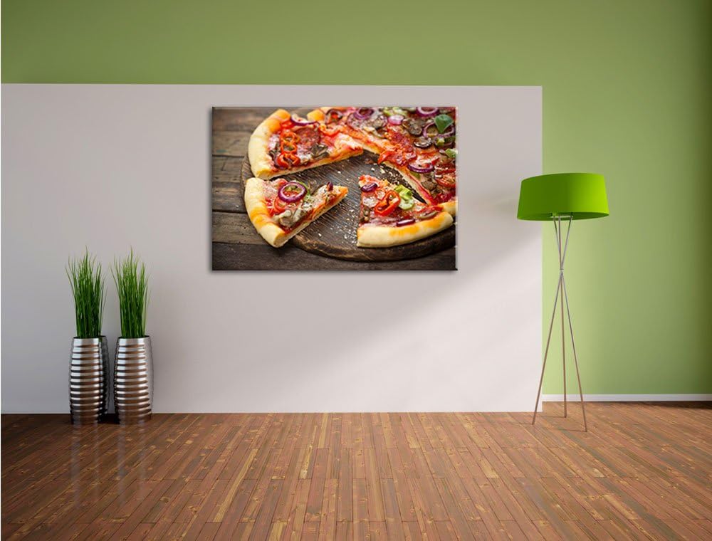 Leckere Pizza auf Holztisch Format: 100x70 auf Leinwand, XXL riesige Bilder fertig gerahmt mit Keilr