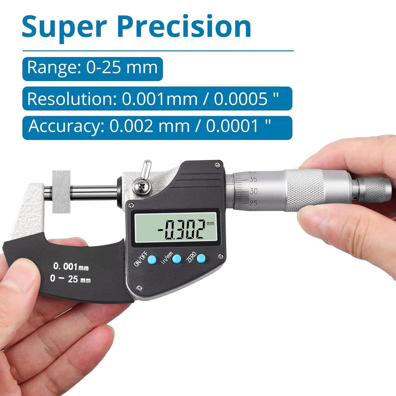 AUTOUTLET Micrometer Digitale Bügelmessschrauben 0-25 mm/ 0.001mm(0.00005"), LCD Digitale Mikrometer