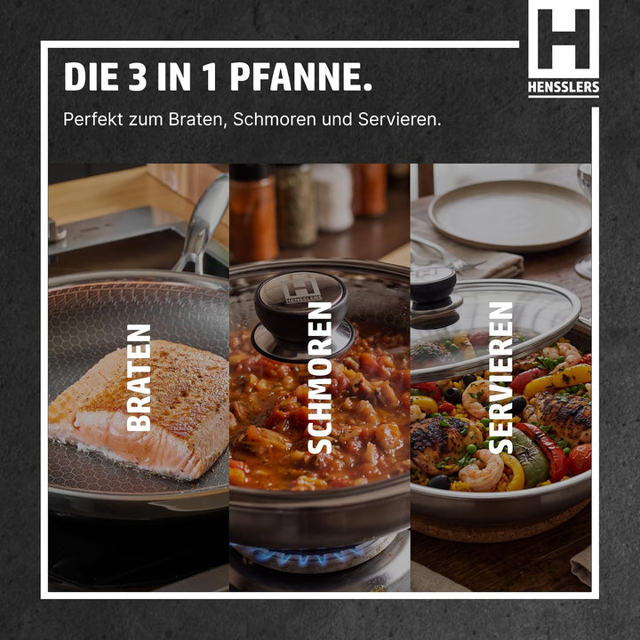 HENSSLERS® Profi Bratpfanne 28 cm [MIT GLASDECKEL] - Antihaftbeschichtung (mit Deckel) Pfanne mit De