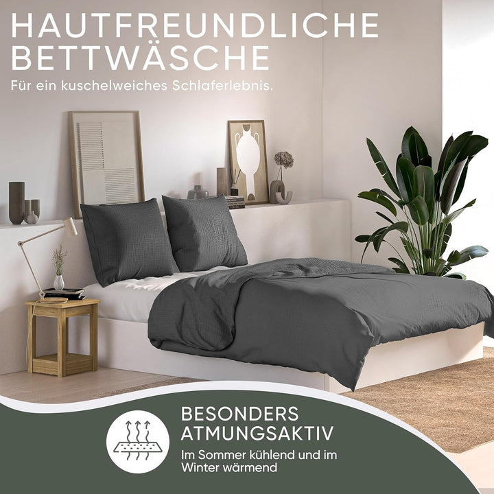 jilda-tex Bio-Bettwäsche Musselin Medina 100% Bio-Baumwolle Knitterlook Bügelfrei Uni Made in Green