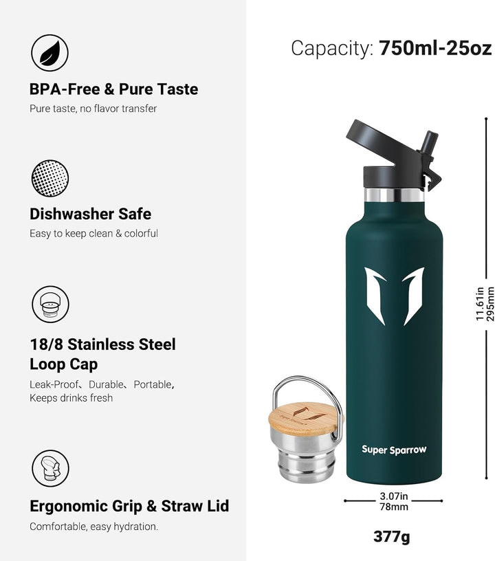 Super Sparrow Trinkflasche Edelstahl - 350ml/500ml/620ml/750ml/1L - Auslaufsicher Thermoskanne, BPA-