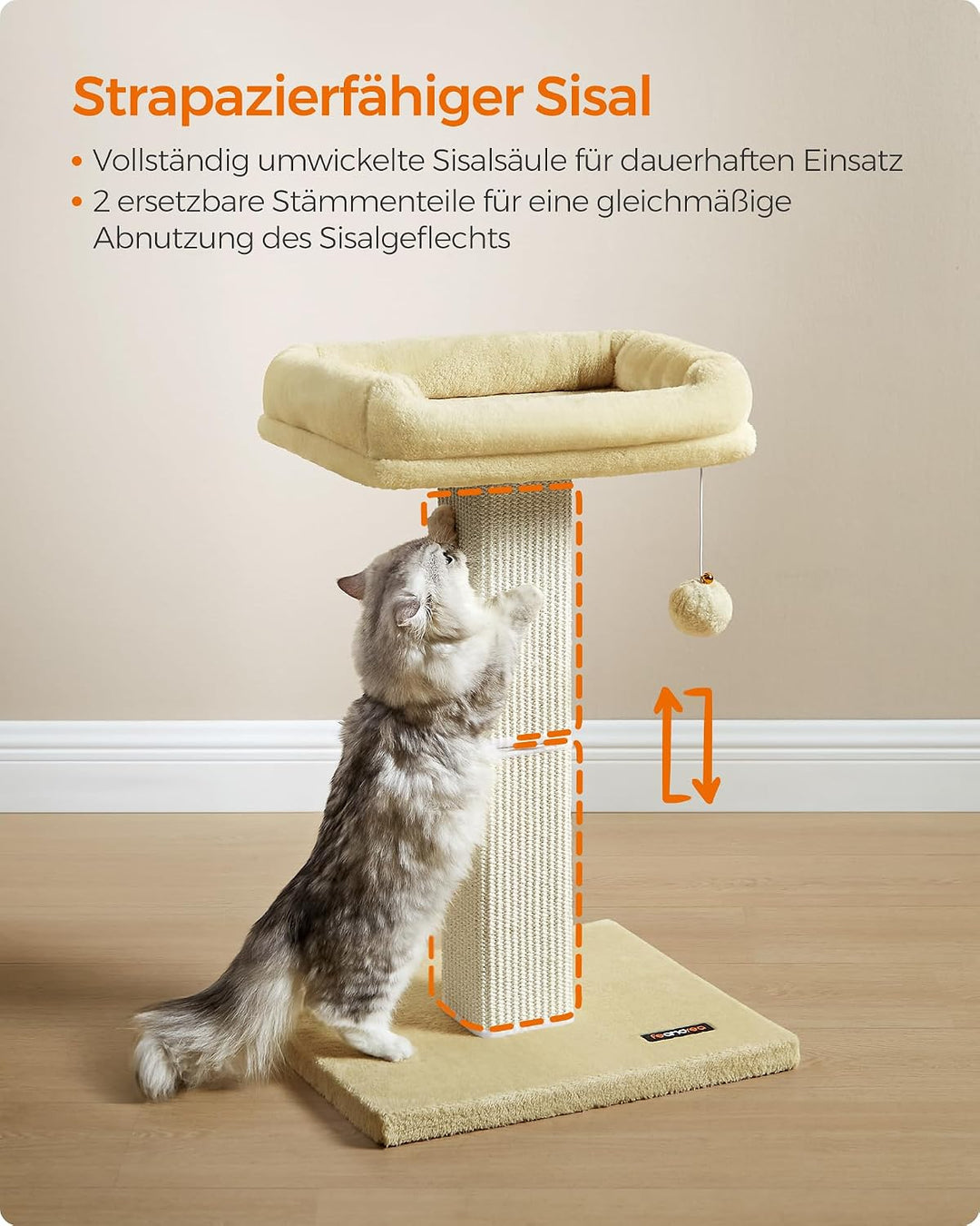 Feandrea Kratzbaum, Katzenbaum mit 40 x 30 cm Plattform aus Plüsch, Kratzstamm, Katzenkratzbaum, 71