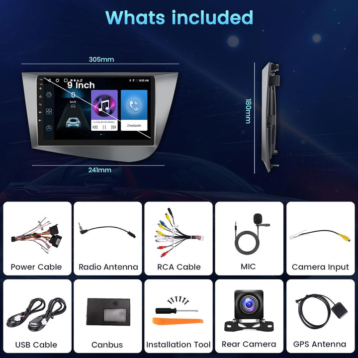 2+64GB Android Autoradio für Seat Leon 2005-2012 Wireless Carplay Android Auto, 9'' IPS Touchscreen