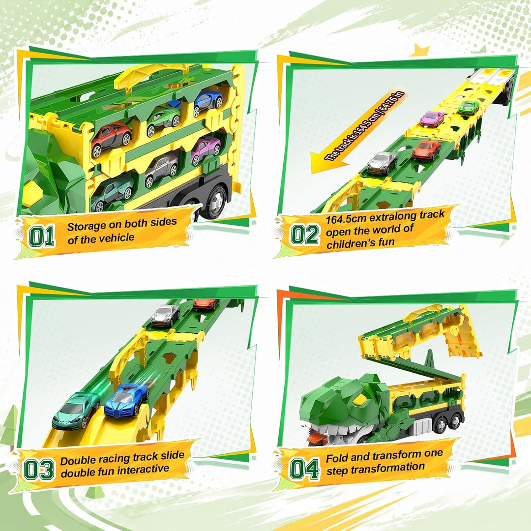 2-in-1 Dino Transporter Truck mit 12 Spielzeugautos 164.5 cm Rennstrecke | Ausklappbares Dinosaurier
