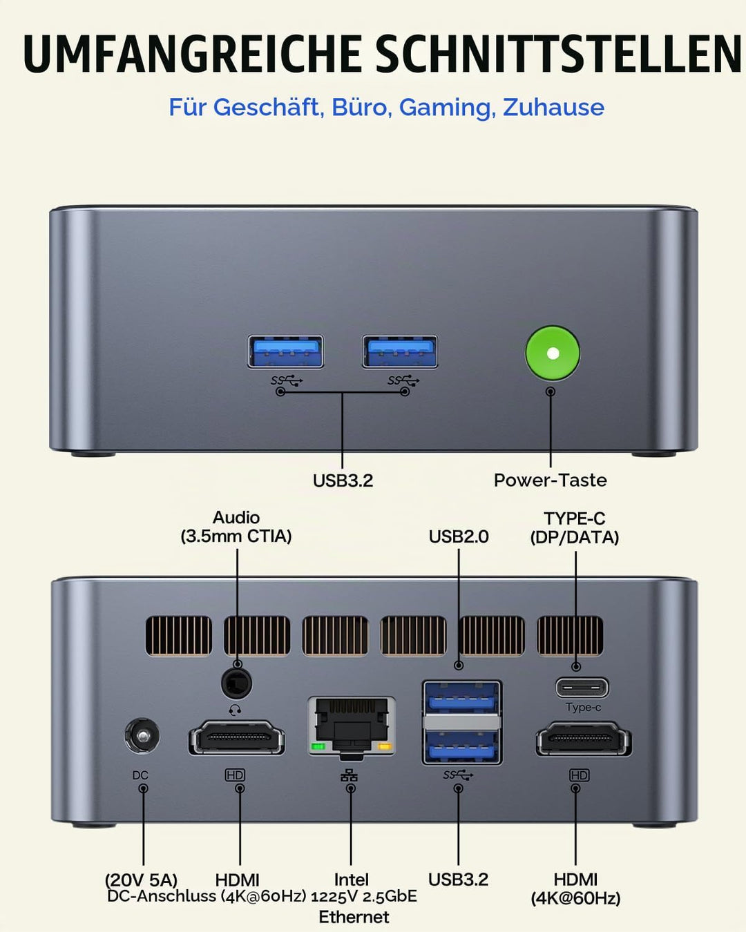 GMKtec Mini-PC Intel i5-12450H (Turbo 4,4 GHz) 16 GB (8x2) DDR4 3200 MHz 1 TB M.2 PCIe3.0 NVMe SSD M