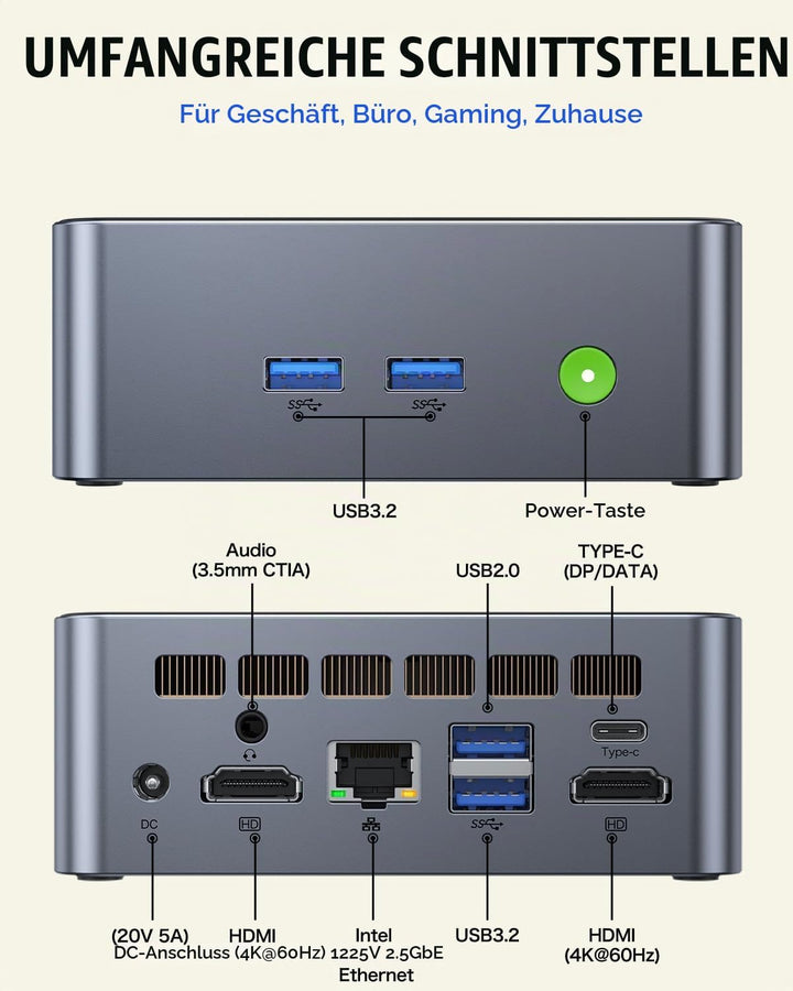 GMKtec Mini-PC Intel i5-12450H (Turbo 4,4 GHz) 16 GB (8x2) DDR4 3200 MHz 1 TB M.2 PCIe3.0 NVMe SSD M
