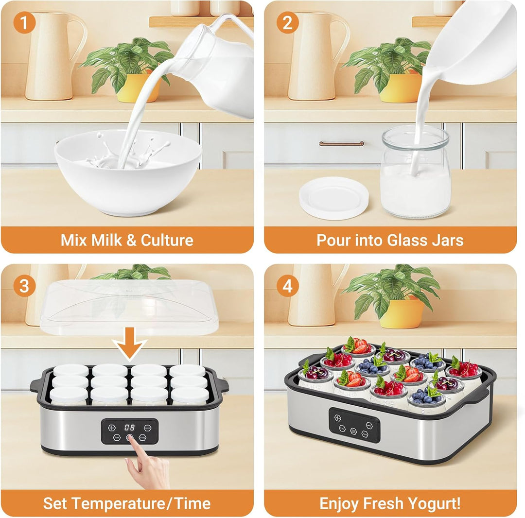 Todeco Joghurtbereiter mit 12 Gläsern à 180ml, Elektrischer Joghurtmaschine aus Edelstahl, Einstellb