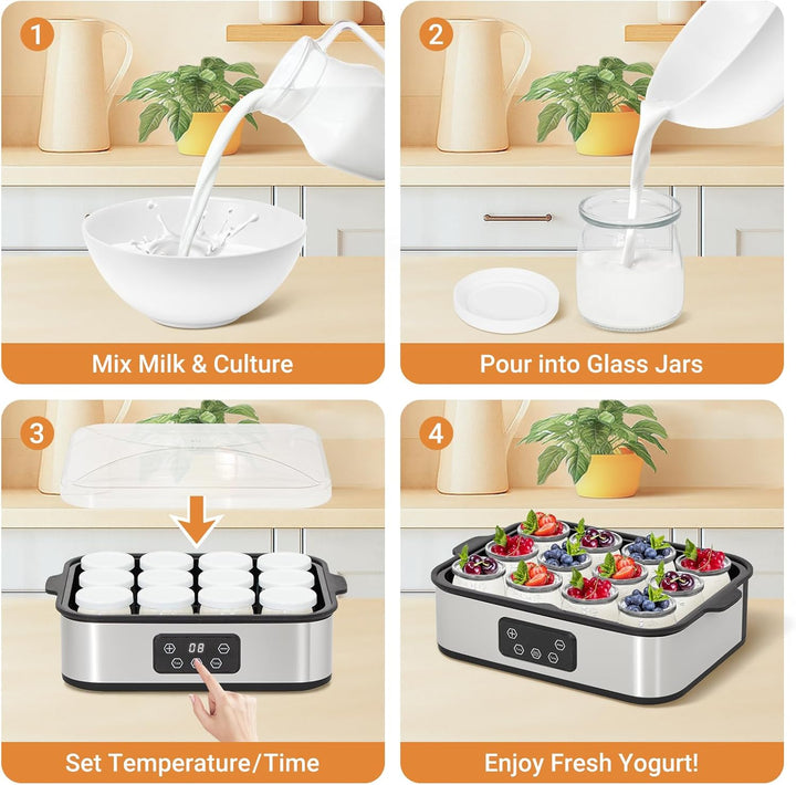 Todeco Joghurtbereiter mit 12 Gläsern à 180ml, Elektrischer Joghurtmaschine aus Edelstahl, Einstellb