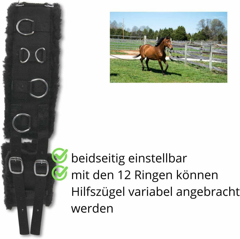 AMKA Longiergurt mit weichem Kunstfell unterlegt, 12 Ringe, schwarz Pony, Pony