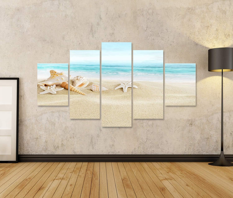 Bild auf Leinwand Muscheln Am Sandstrand Wandbild Poster Kunstdruck Bilder Format: 170x80cm - 5 Teil