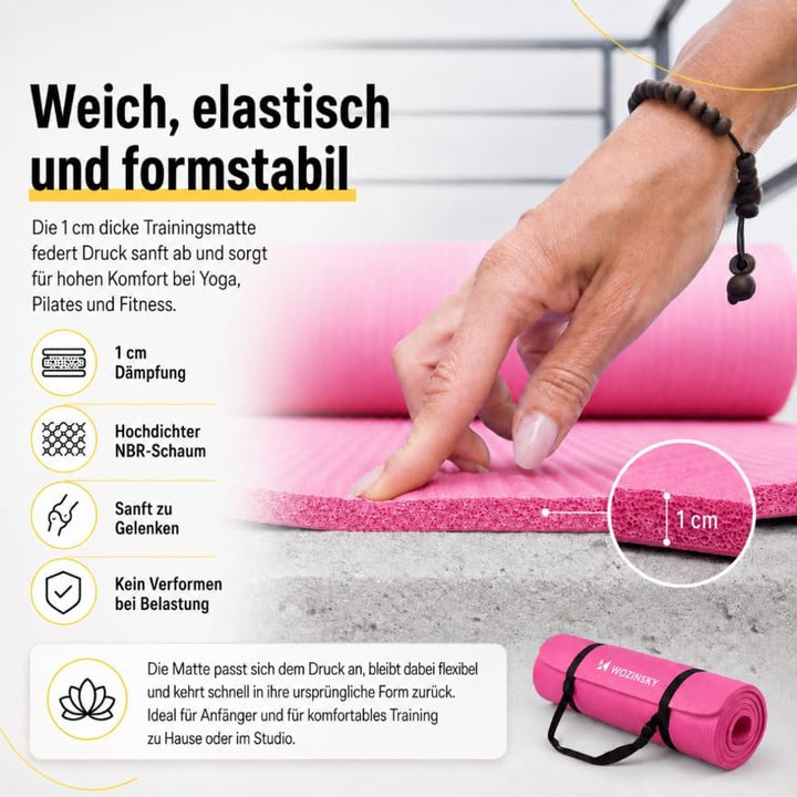 WOZINSKY Fitness Yogamatte Fitnessmatte Turnmatte Gymnastikmatte 181 cm X 63 cm X 1 cm SCHWARZ (ROSA