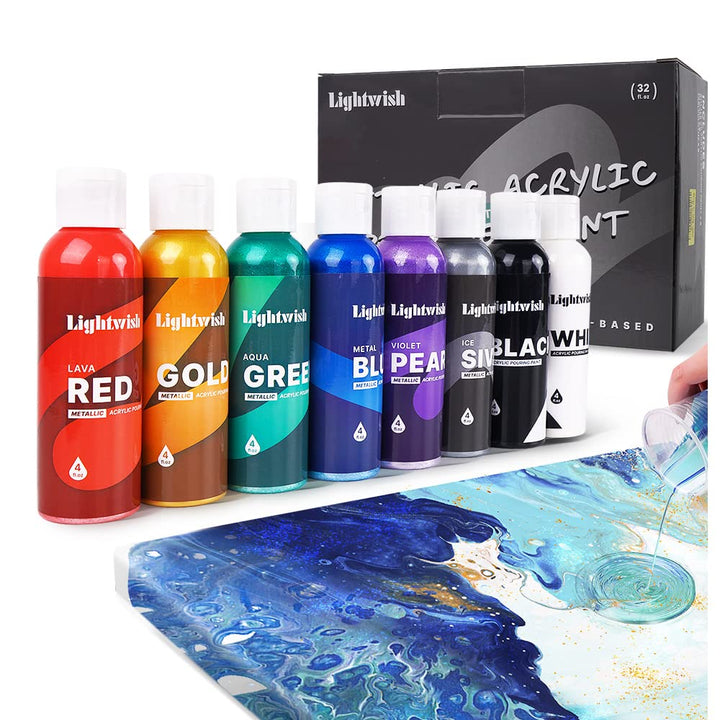 LIGHTWISH Metallic Pouring Acrylfarben Set, 8 schillernde Farben, 118 ml Flaschen, vorgemischte Acry