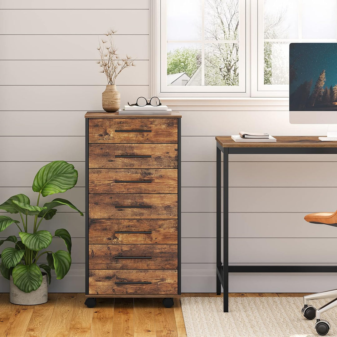HOOBRO Rollcontainer mit 7 Schubladen, Aktenschrank, Holz Büroschrank, Büromöbel mit Schubladen, Auf