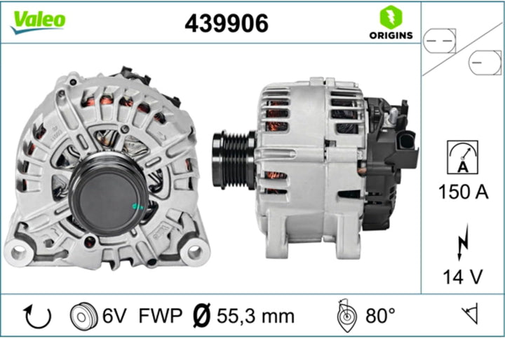 VALEO 439906 Generator Ladestrom des Generators: 150 Amp Rippen: 6 rippen Riemenscheibe Ø: 55,3 mm S