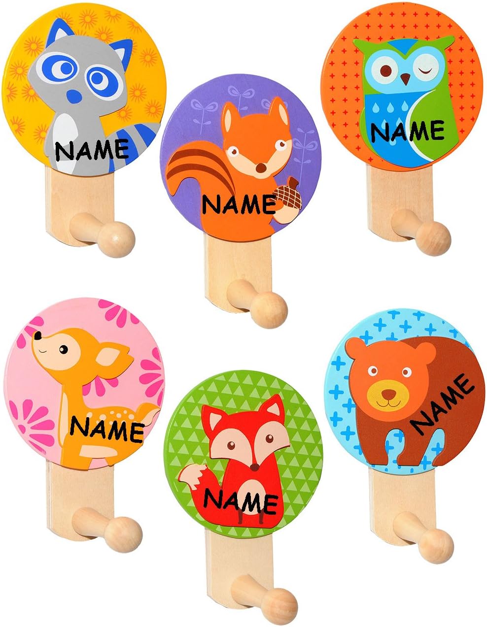 alles-meine.de GmbH 6 Stück Garderobenhaken - Bunte Tiere/Waldtiere - aus Holz - Wandhaken/Kindergar