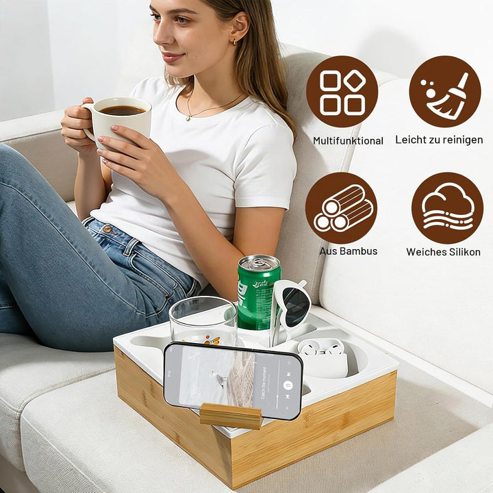 VINATO Couchtisch mit Snackbox, 360° drehbarer Handyhalter, Getränkehalter &amp; Staufächern – Aus Bambu