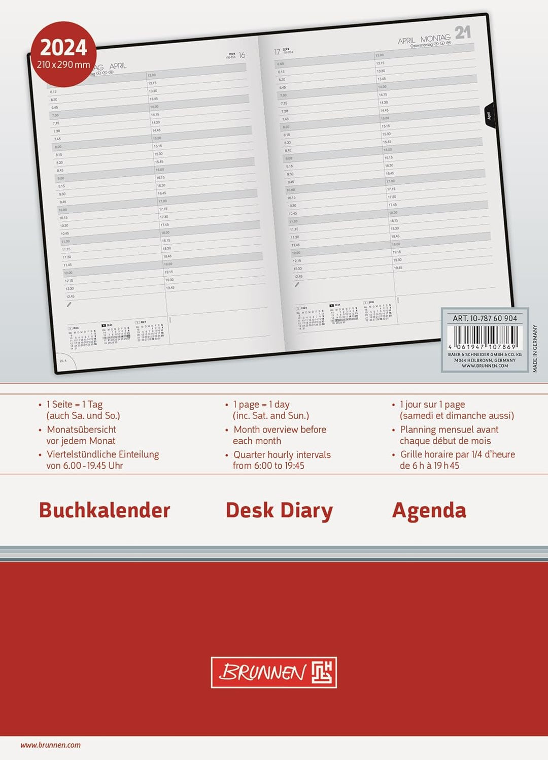 BRUNNEN Tageskalender Modell 787 2024 1 Seite = 1 Tag A4 schwarz