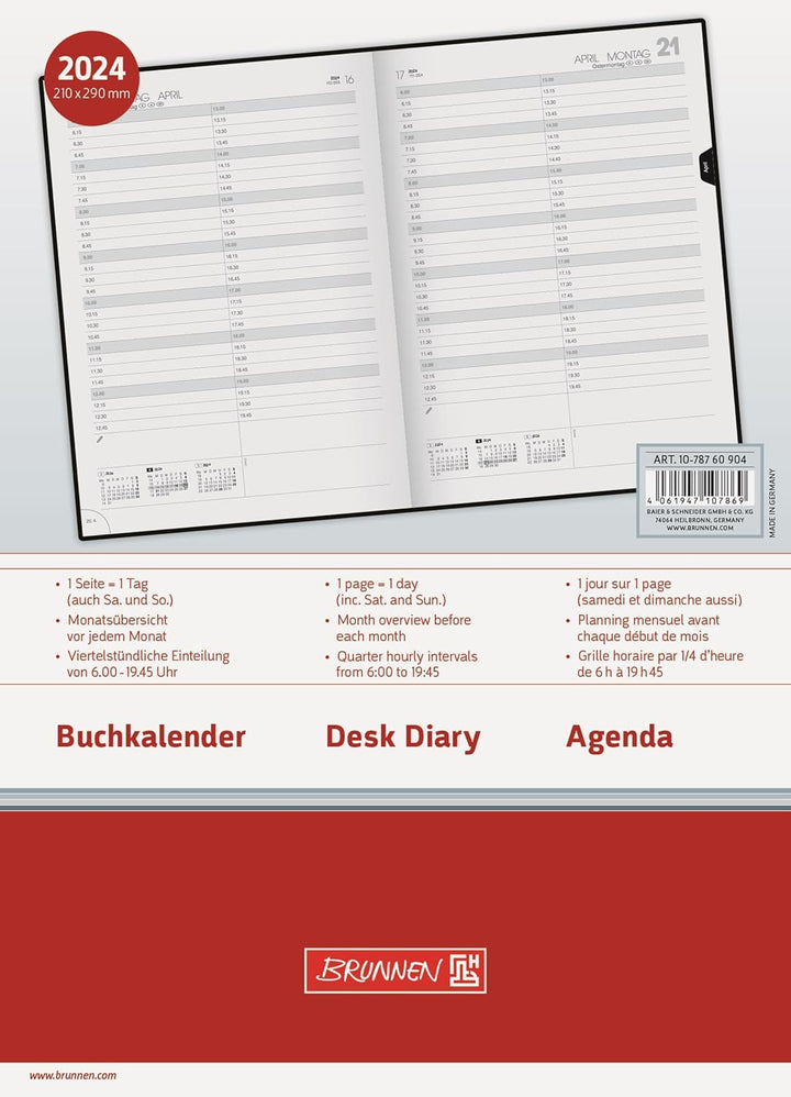 BRUNNEN Tageskalender Modell 787 2024 1 Seite = 1 Tag A4 schwarz