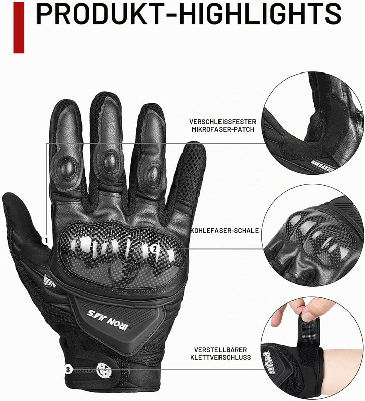 Motorradhandschuhe Atmungsaktive Motorradhandschuhe Leder Vollfinger Knöchelschutzpolster Touchscree