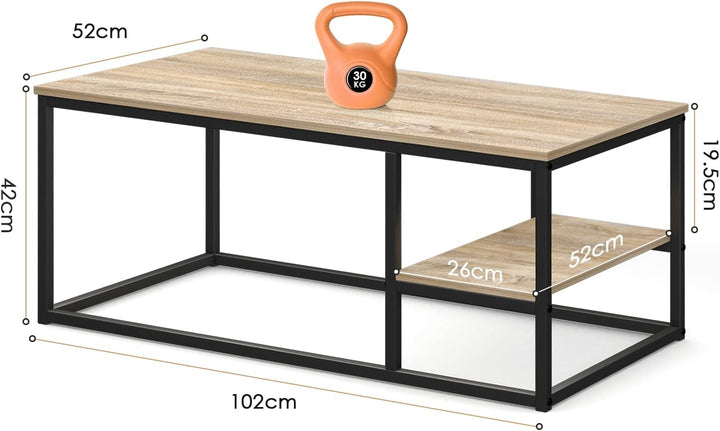VOWNER Couchtisch, Wohnzimmertisch, Couchtisch mit Stahlgestell und Ablagen, Industrie-Design, Skand