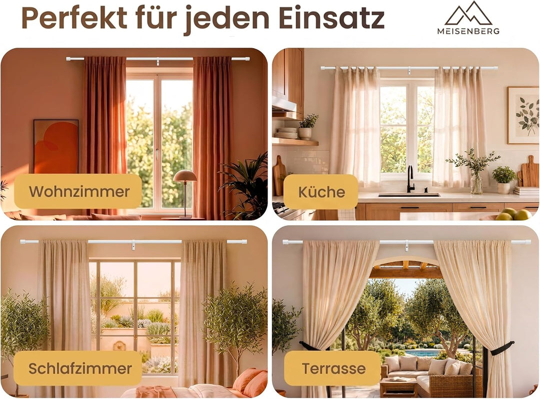 MEISENBERG Gardinenstange Ausziehbar Weiss, Wandmontage Set mit Halterungen Weiss 82-112 cm, Weiss 8