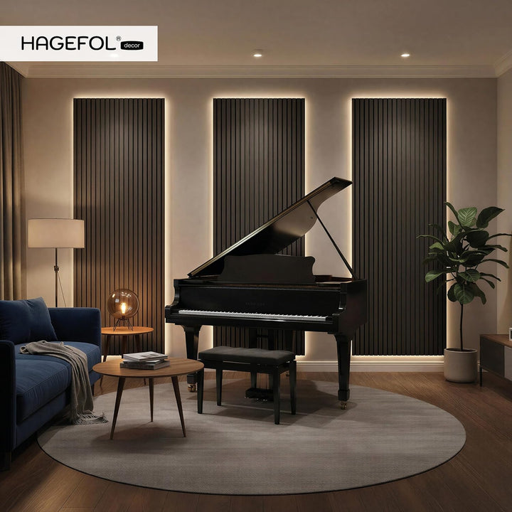 HAGEFOL® Akustikpaneele selbstklebend EasyFix, 240x56cm, Farbe: Schwarz Holz, Lamellen Wandpaneele f
