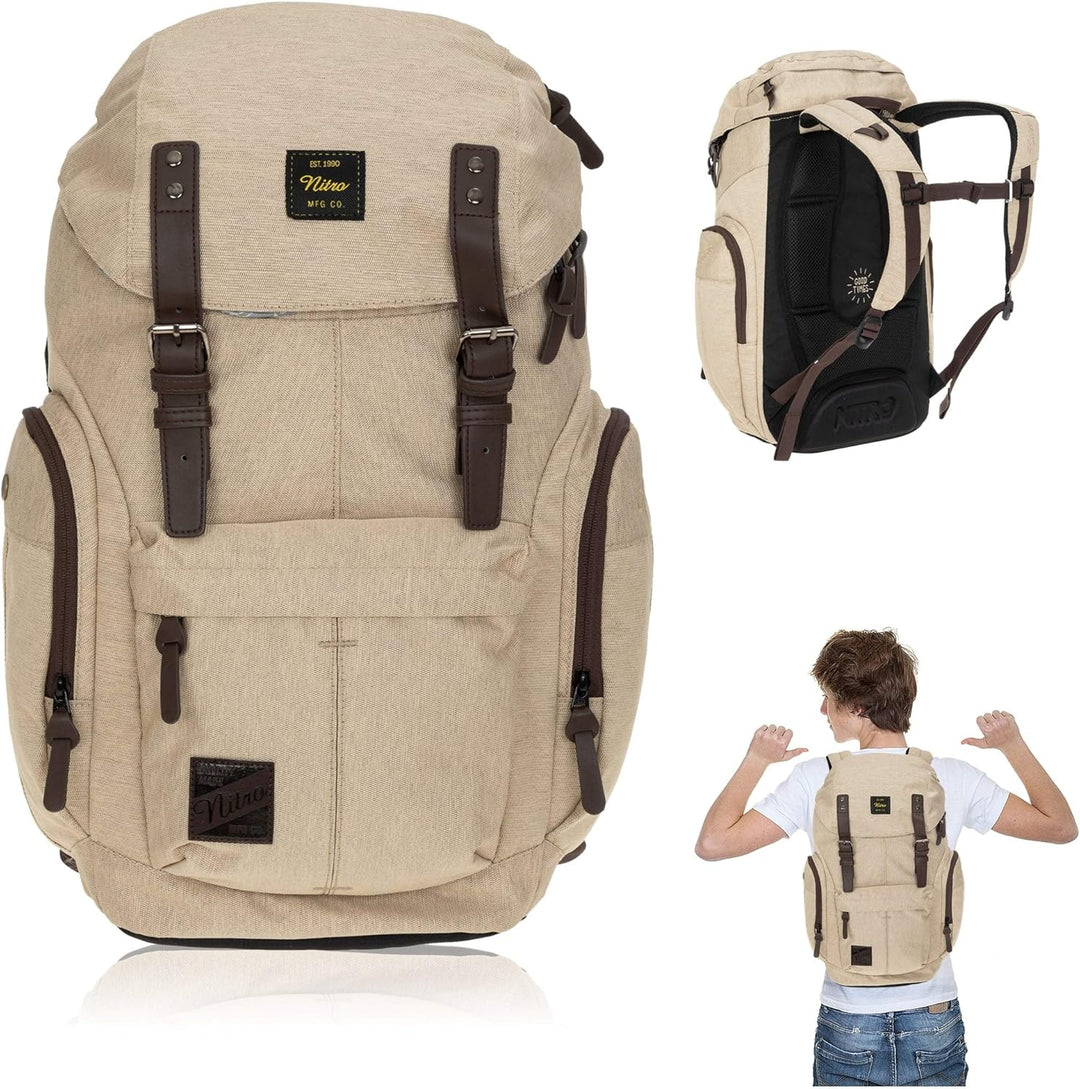 Rucksack Nitro Daypacker Alltagsrucksack Laptop Fach Schulrucksack Vintage + Flasche (Almond), Almon