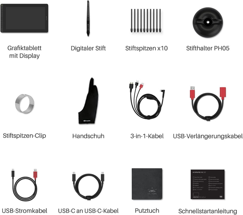 HUION Kamvas 16 Grafiktablett mit Display,15,6-Zoll Volllaminatbildschirm Pen Display, 10 programmie