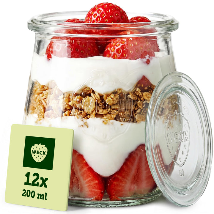 Weck Gläser 200ml – 12er Set mit Deckeln – Tulpenform – robuste, stapelbare Dessertgläser, Einkoch-