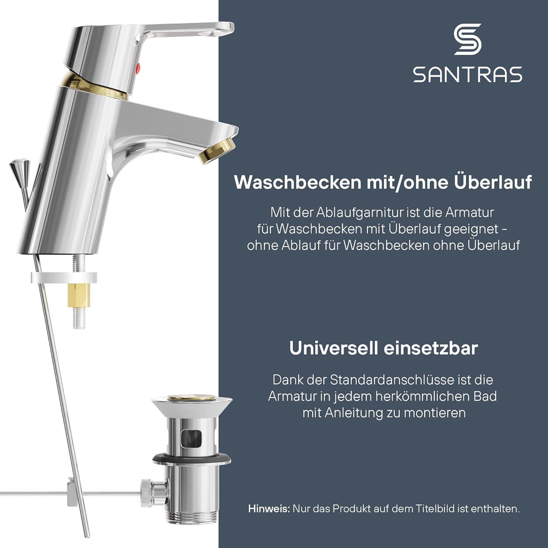 SANTRAS® Waschtischarmatur für das Bad mit Exzenter Ablaufgarnitur und Zugstange in Chrom/Gold – Ein