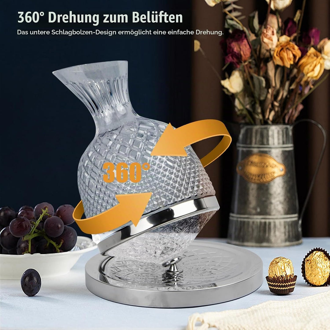 Granvoo Wein Dekanter 1500ML, 360° Drehbare Weinkaraffe, Dekantierer Tropffrei, Weindekanter, Rotwei