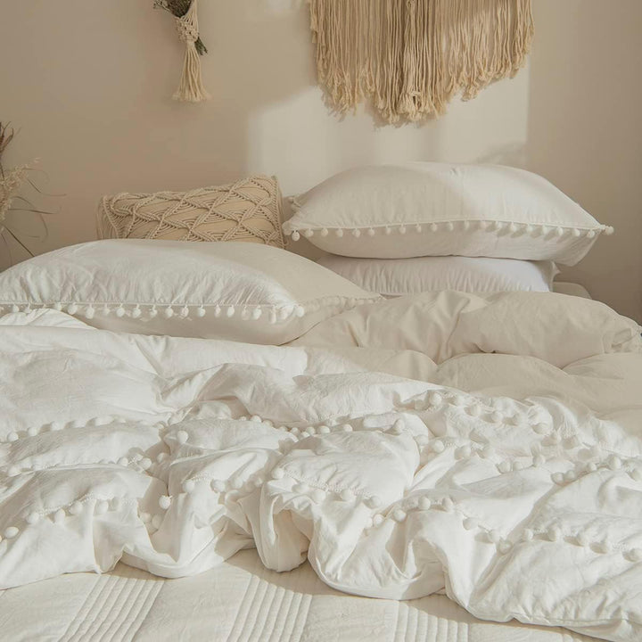 Freyamy Böhmen Bettwäsche 200x220cm 3teilig Weiss Pom Pom Boho Chic Bettwäsche Gewaschene Microfaser