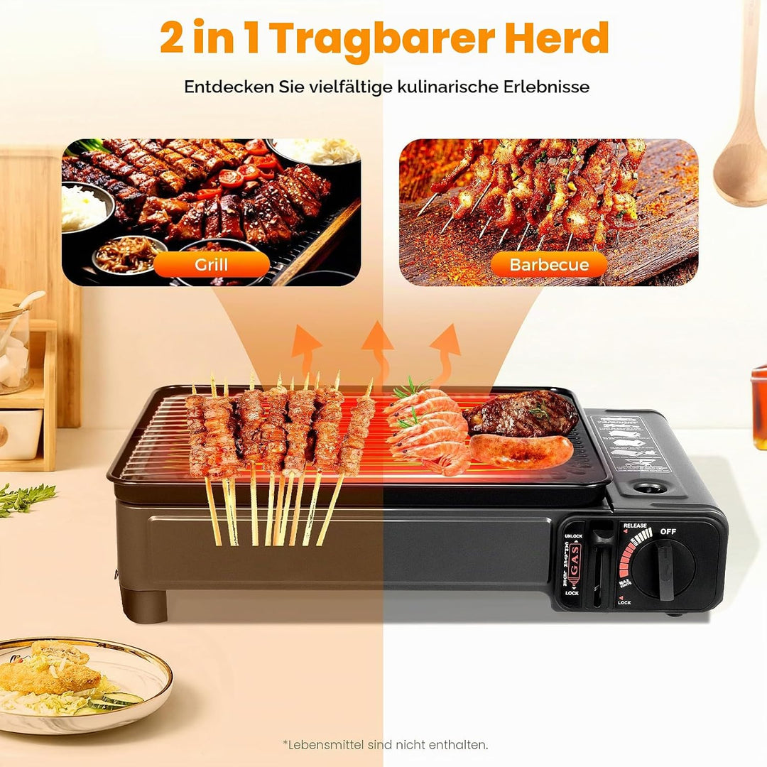 2-in-1 Tragbarer Camping Grill Gasherd, Tragbarer Butan Gasherd mit Grillzubehör Set, Gas Grill Herd