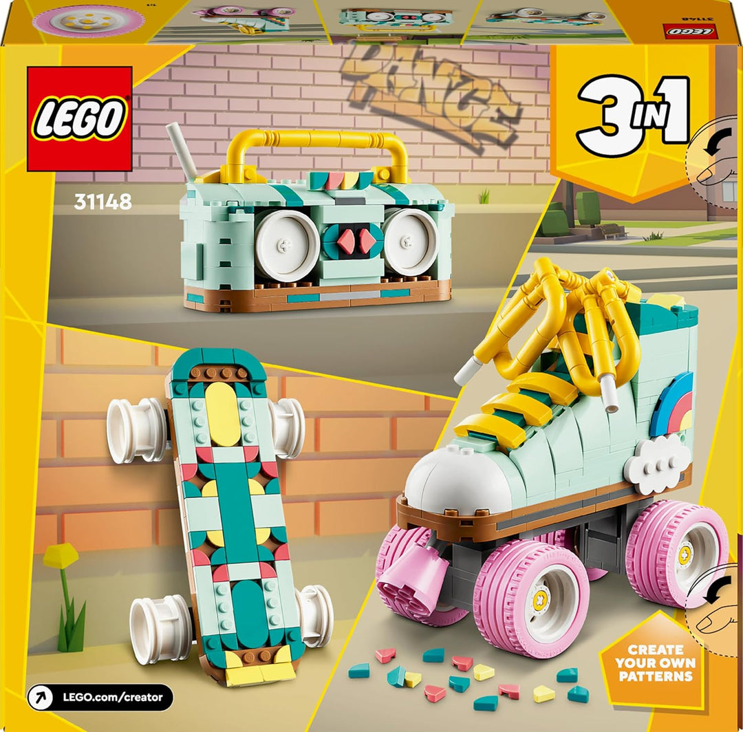 LEGO Creator 3in1 Rollschuh Spielzeug für Mädchen und Jungen mit Mini-Skateboard und Boombox, Retro-