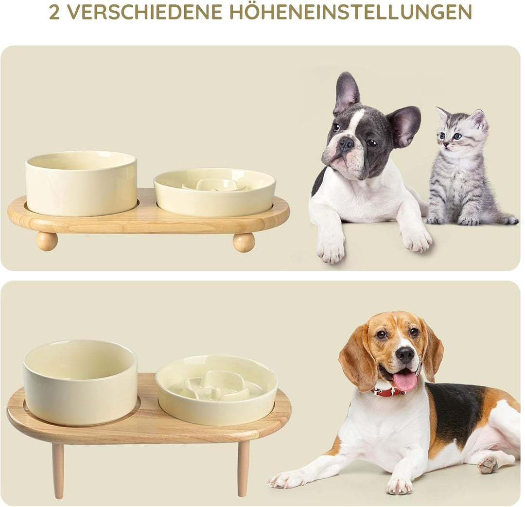 SPUNKYJUNKY Keramik Hundenapf Set Anti Schling Napf mit Bambus Ständer für Katzen und Hunde (Beige)