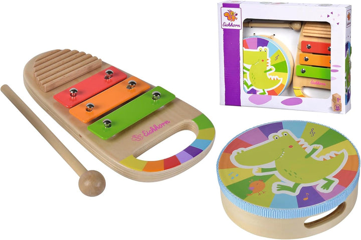 Eichhorn - Musik Set mit Handtrommel und Xylophon inkl. Ratsche, 3 teilig, aus Birken- und Sperrholz