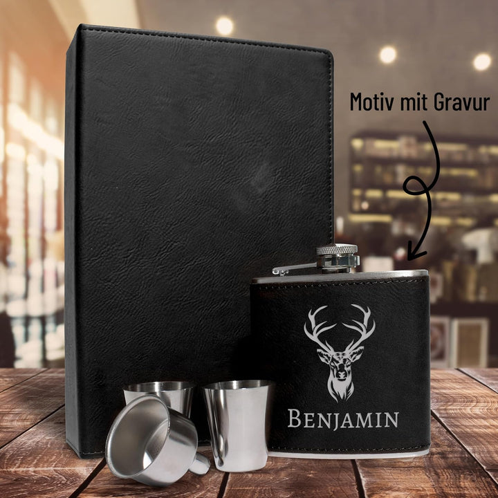 Flachmann Set personalisiert mit Gravur - Hirsch-Design mit deinem Namen - Edelstahl mit Kunstleder