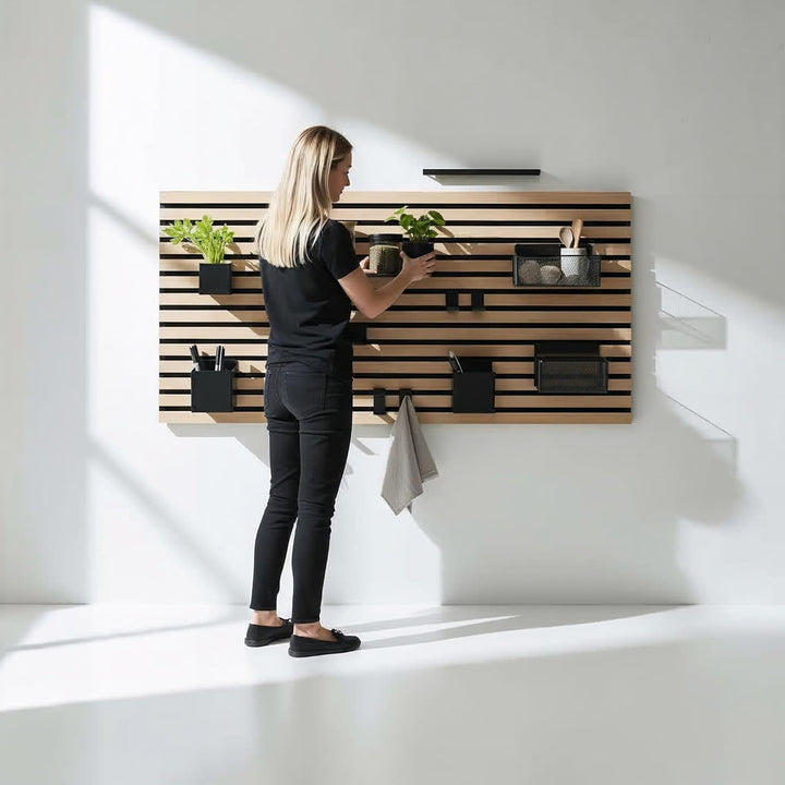 Steinmine - Designmanufaktur Wandorganizer (60 x 120 cm) - Akustikpaneel mit Eichenholzlamellen - in