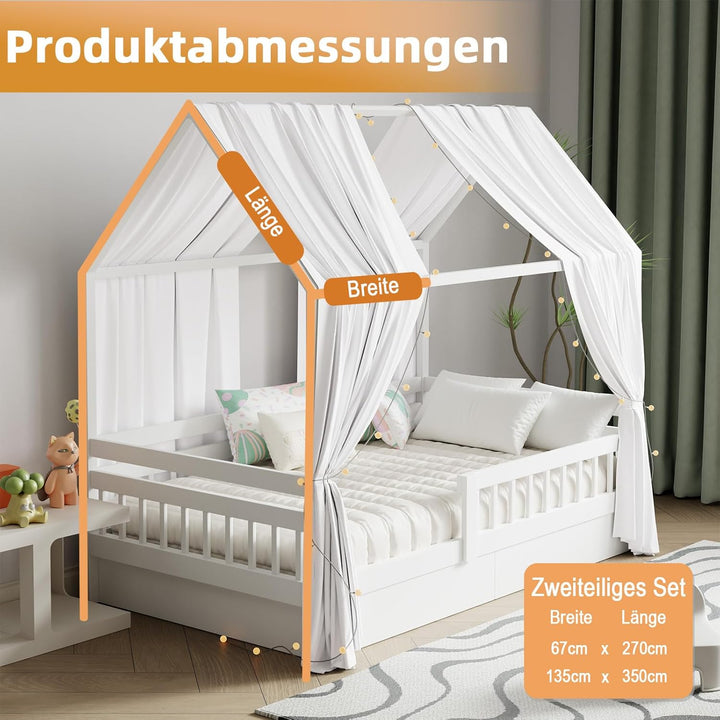 Hausbett Himmel mit Lichterkette 2 Stück Deko Baldachin Hausbett Vorhang,Betthimmel Musselin Stoffhi