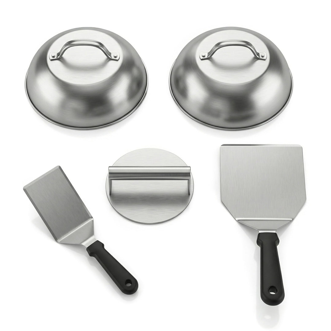 Arendo - Burger Set XXL - 1 x Grillspachtel - 1 x Pfannenwender - 1 x Burgerpresse - 2 x Schmelzkupp