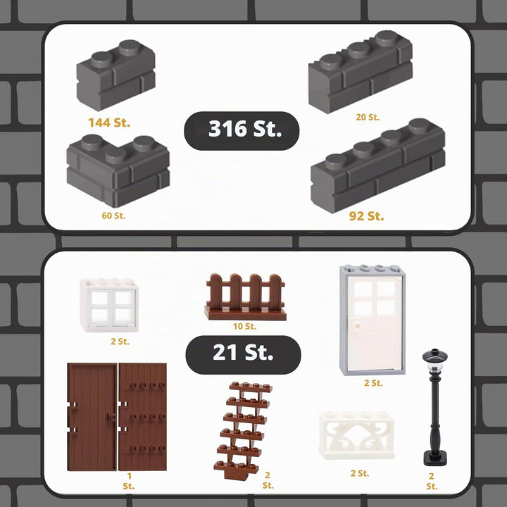 Cabeeskii 337 Stück Bausteine, Masonry Profile Bricks, Enthält Steine Fenster Türen Zäune Sets zubeh